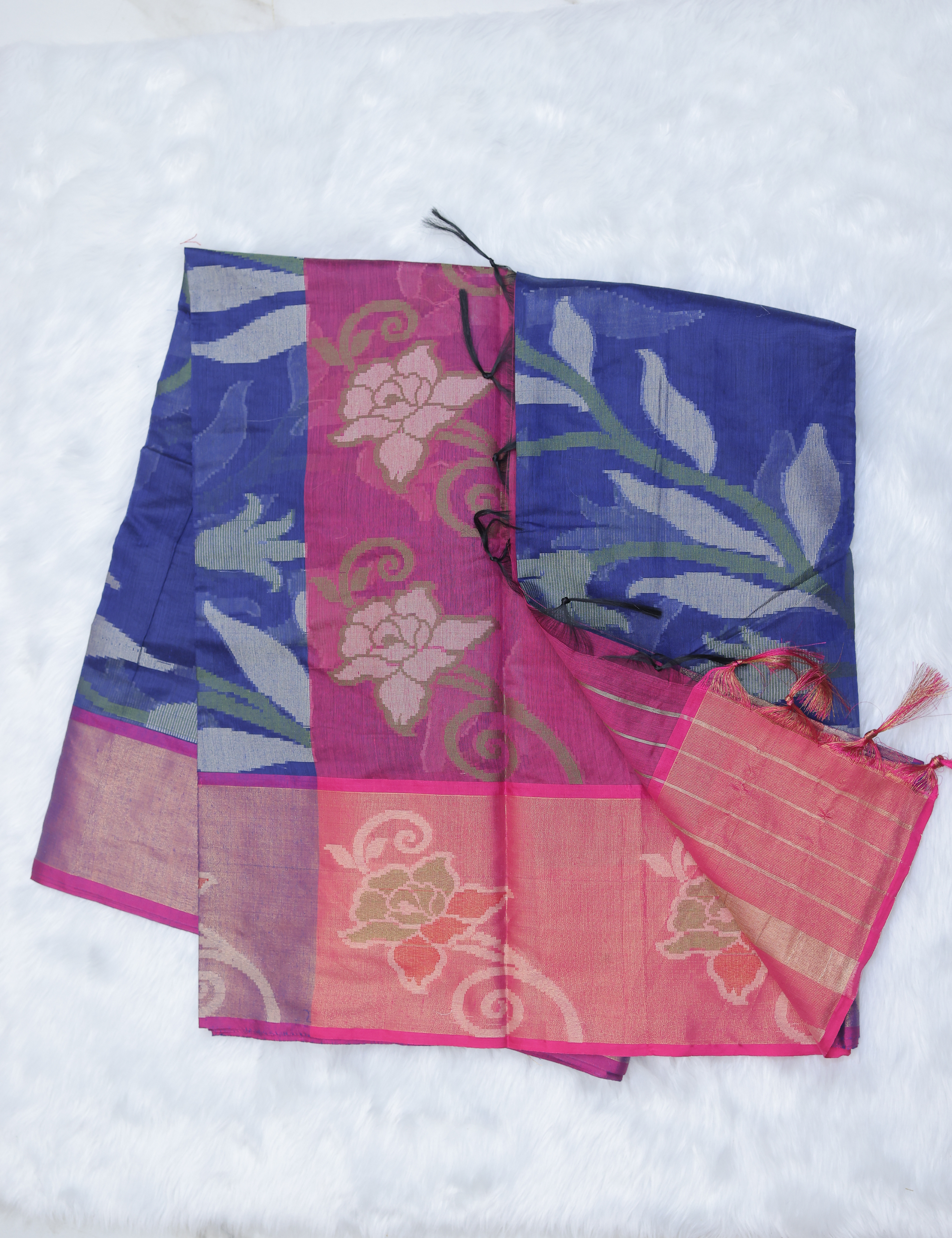 Banarasi Pochampally Silk Saree with Blouse – Royal Blue &amp; Pink