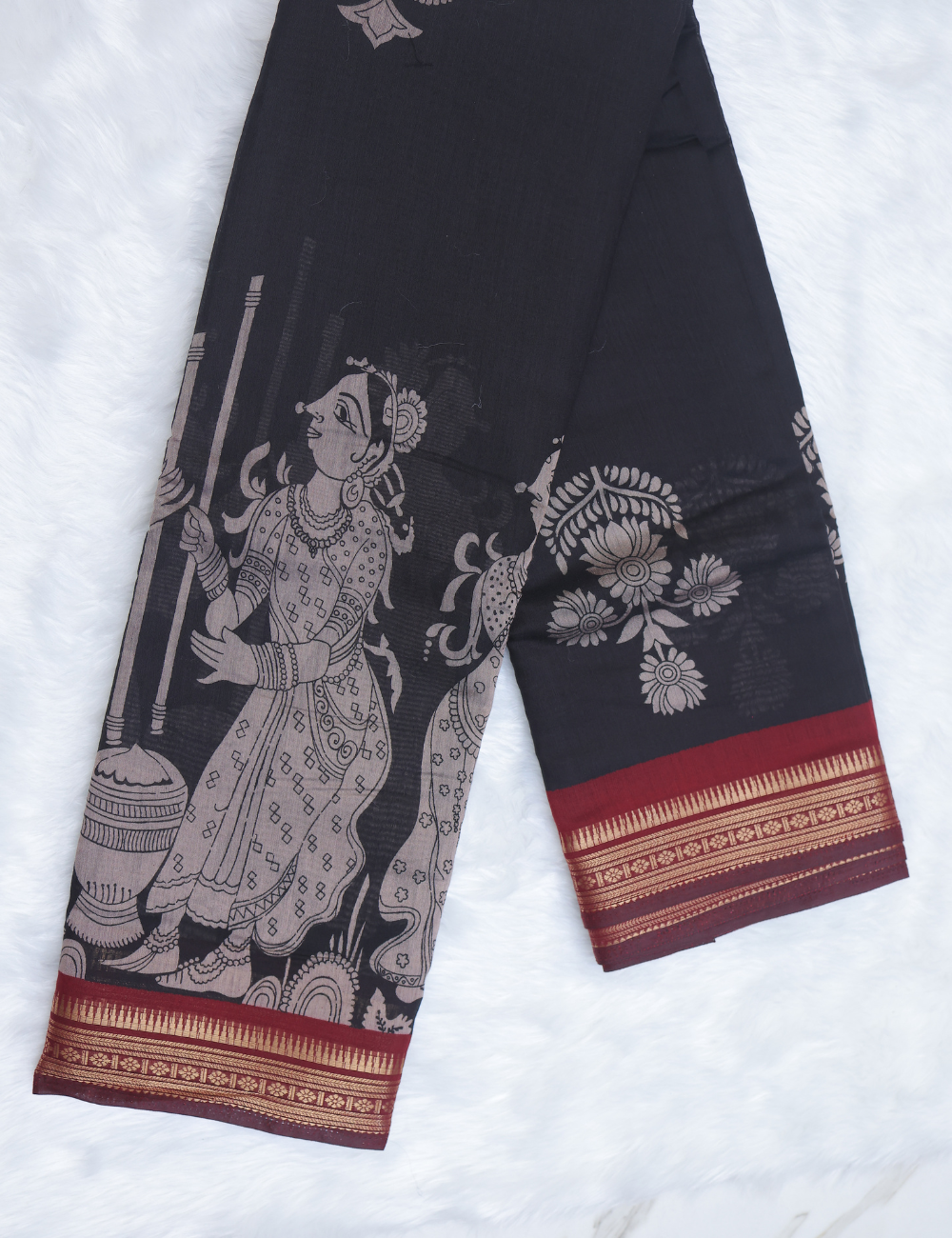 Maroon &amp; Black Pen Kalamkari Pattern Chennur Silk Saree