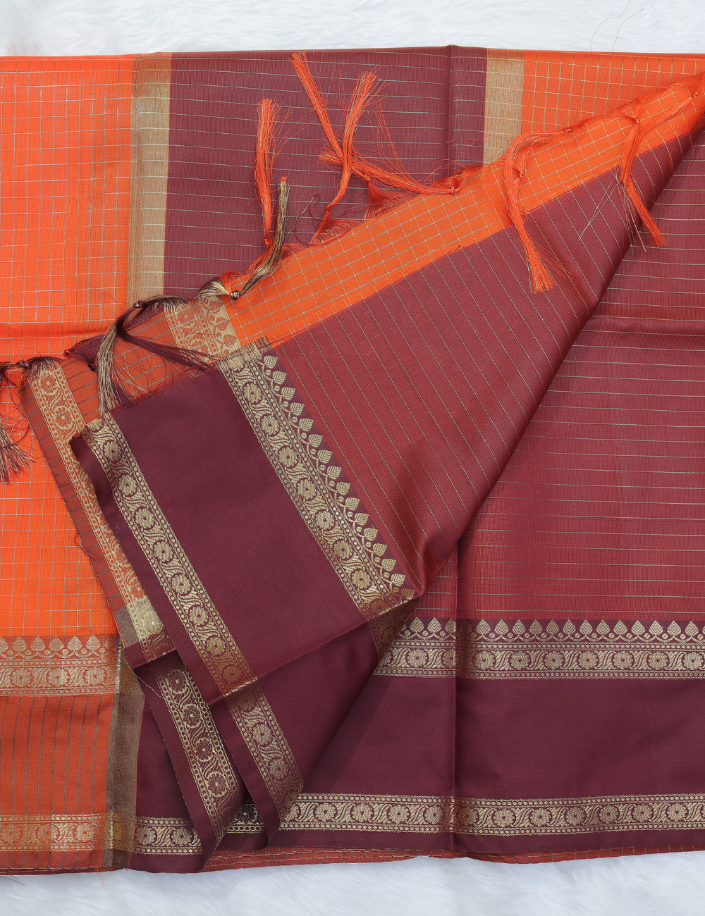 Banarasi Checked Silk Saree – Rust Orange with Stripe & Floral Dual Pattern