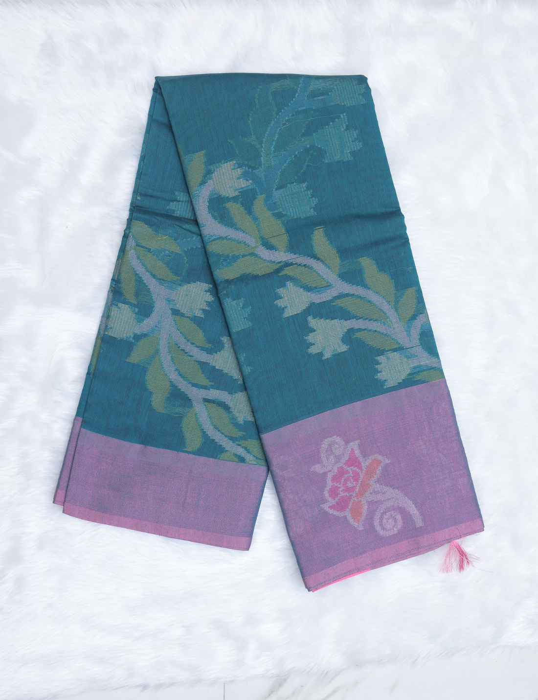 Chanderi Pochampally Silk Cotton Saree – Teal Green with Pink Elegance