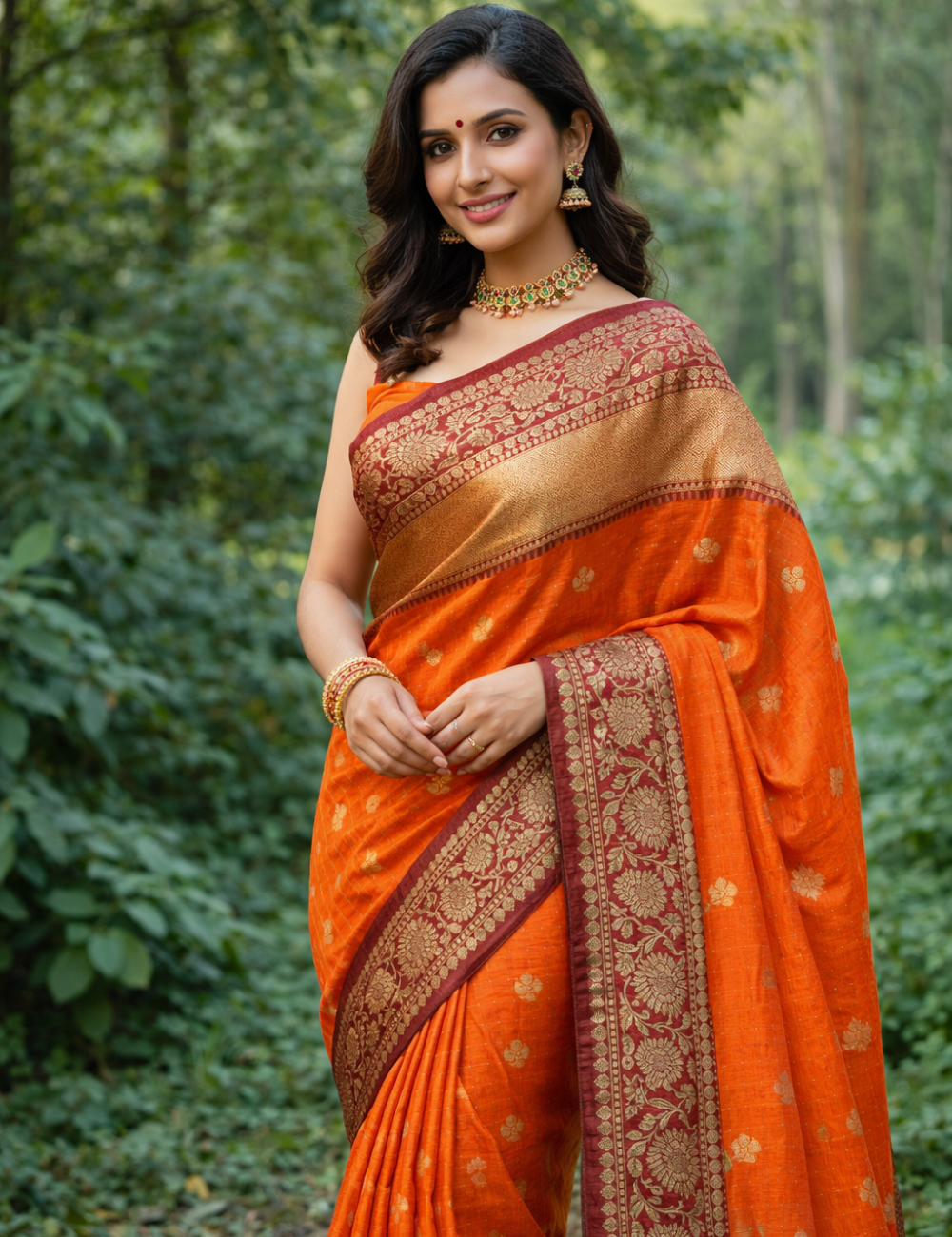 Banarasi Checked Silk Saree – Rust Orange with Stripe & Floral Dual Pattern