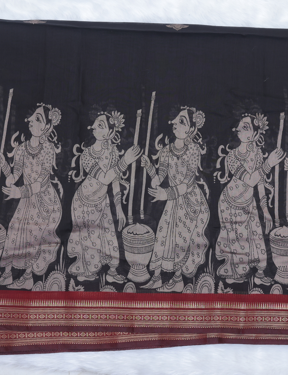 Maroon &amp; Black Pen Kalamkari Pattern Chennur Silk Saree