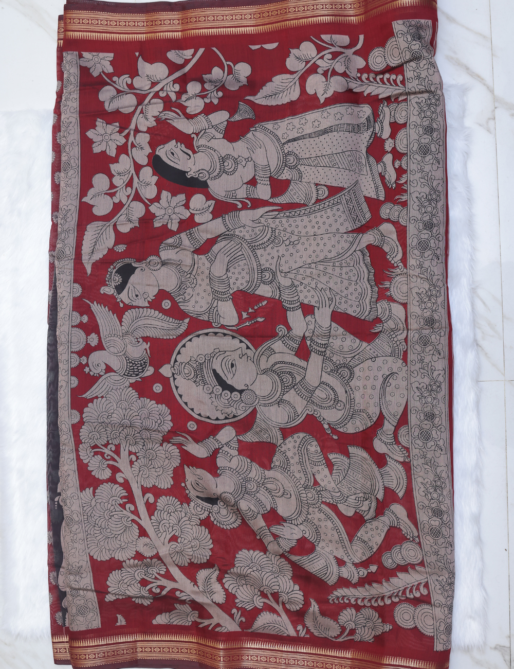 Maroon &amp; Black Pen Kalamkari Pattern Chennur Silk Saree