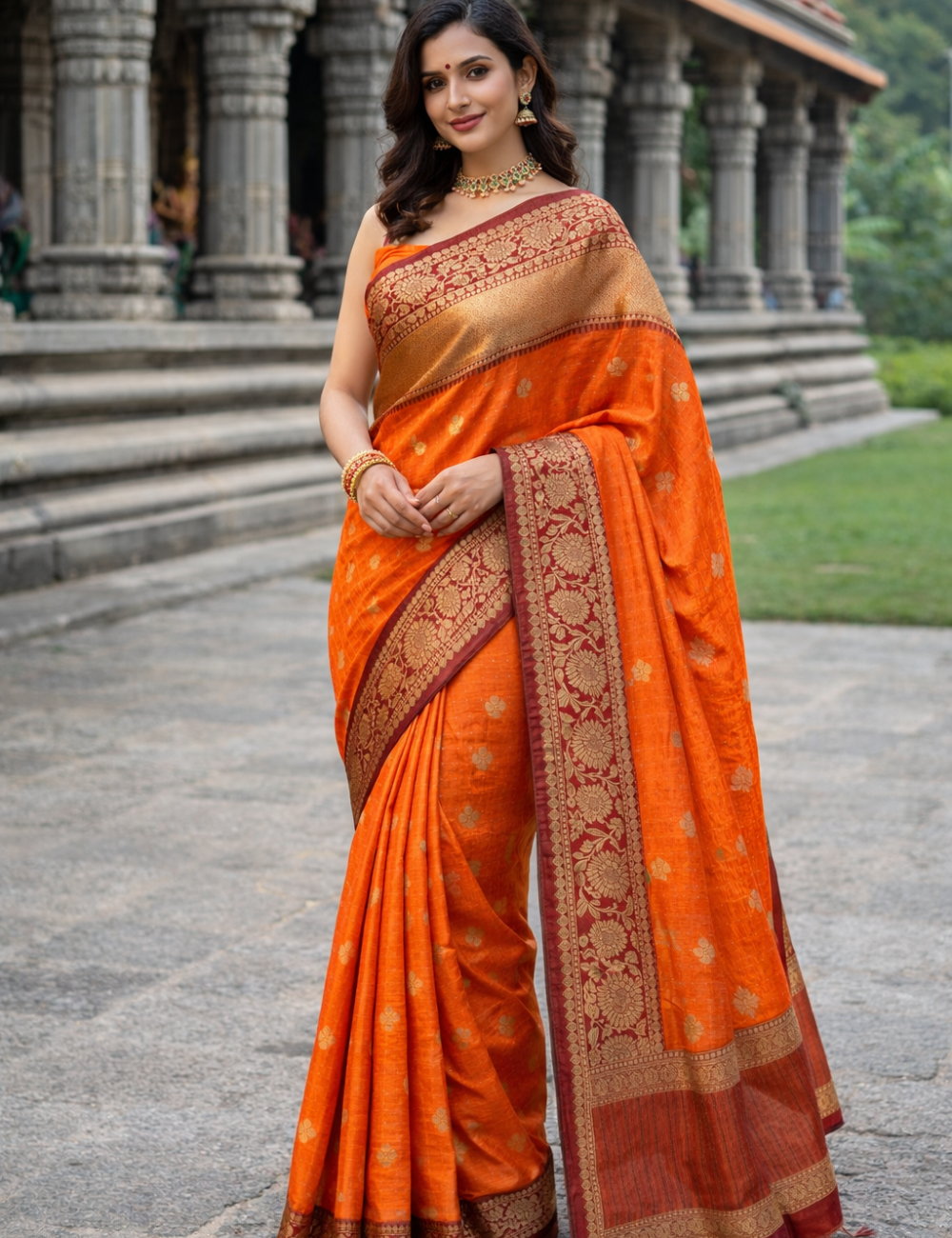Banarasi Checked Silk Saree – Rust Orange with Stripe & Floral Dual Pattern