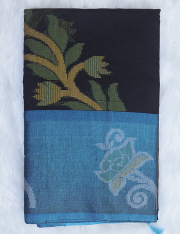Chanderi Pochampally Silk Cotton Saree – Black &amp; Blue Elegance