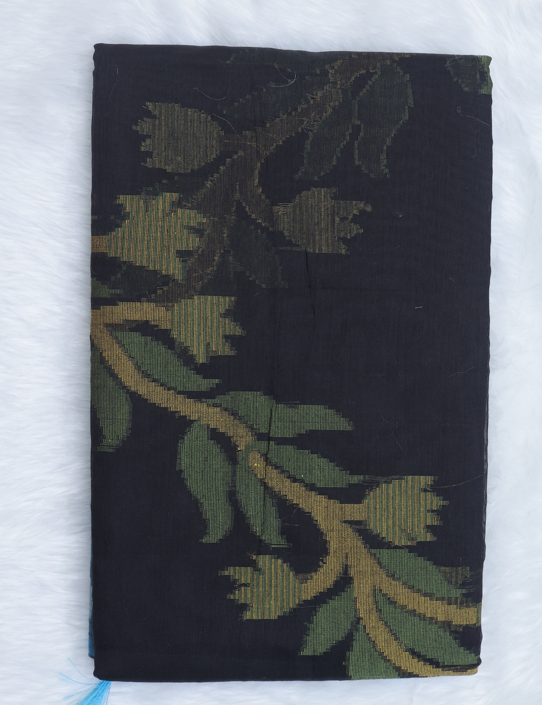 Chanderi Pochampally Silk Cotton Saree – Black &amp; Blue Elegance