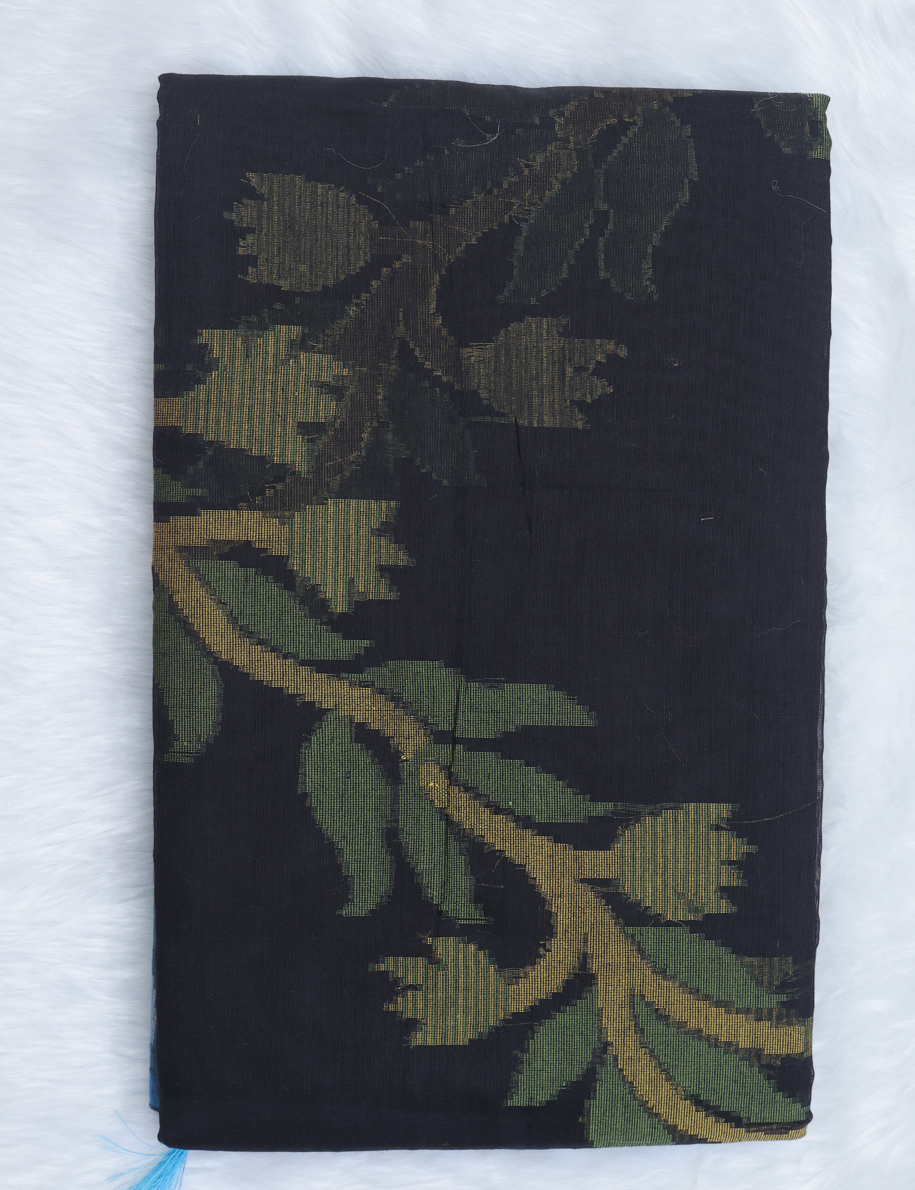 Chanderi Pochampally Silk Cotton Saree – Black &amp; Blue Elegance