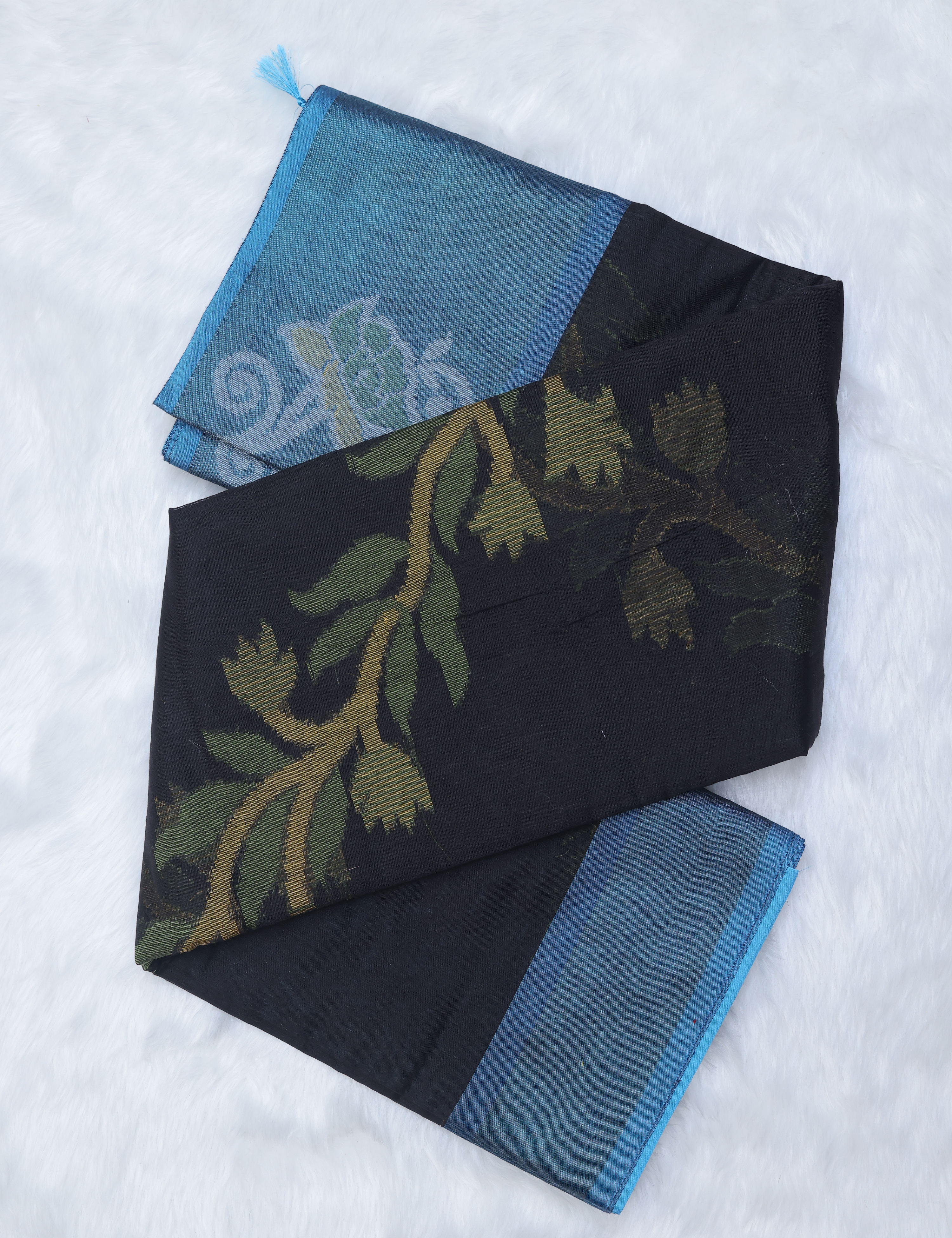 Chanderi Pochampally Silk Cotton Saree – Black &amp; Blue Elegance
