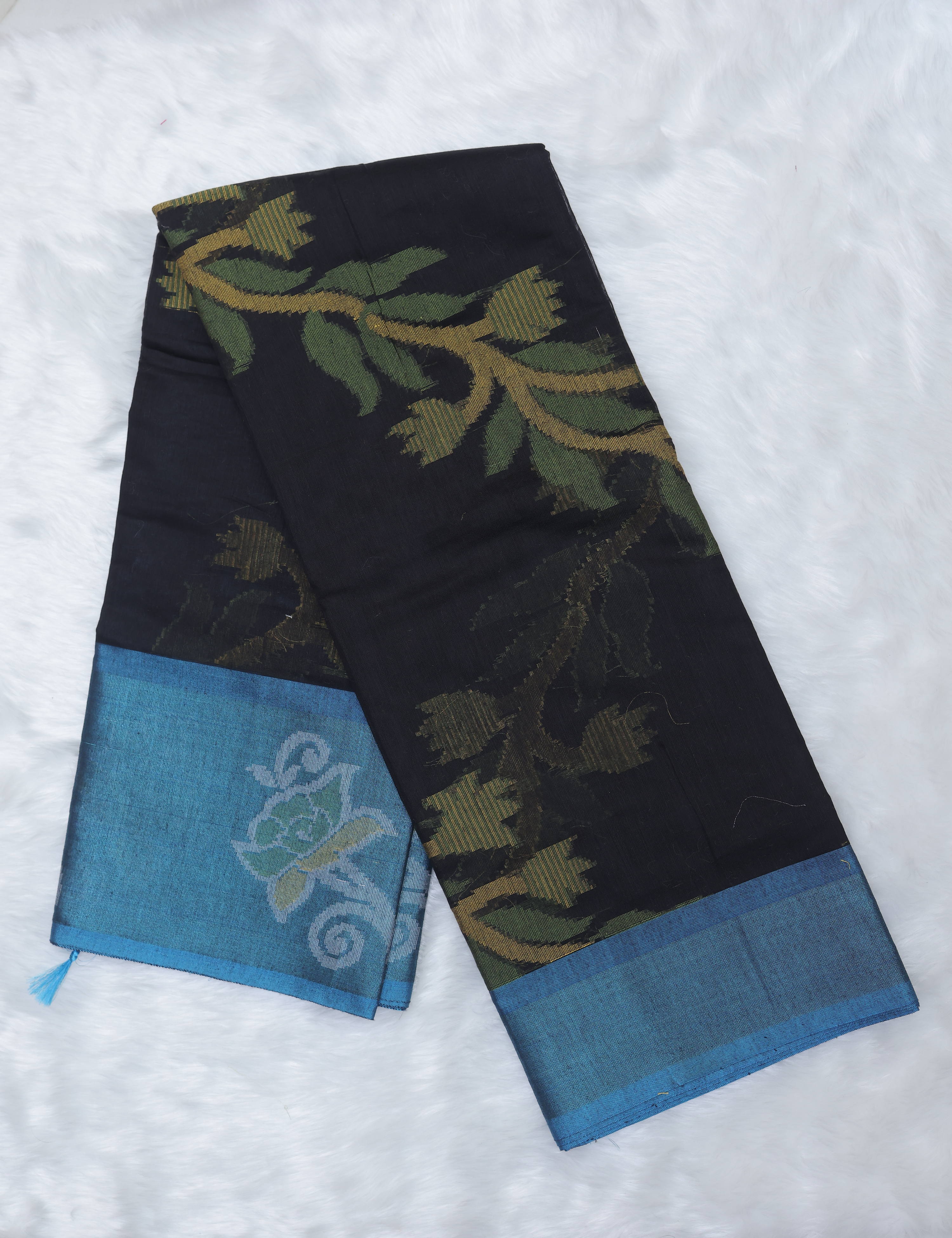 Chanderi Pochampally Silk Cotton Saree – Black &amp; Blue Elegance