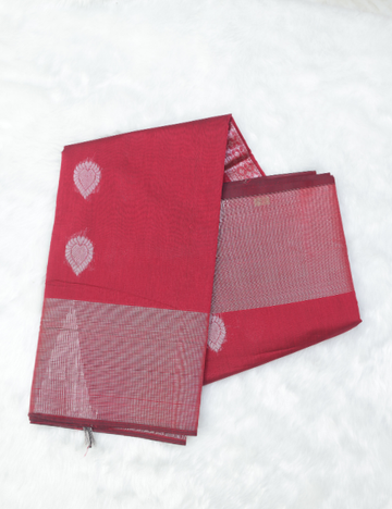 Silk Cotton Saree – Classic Red with Silver Zari Butta & Rich Pallu