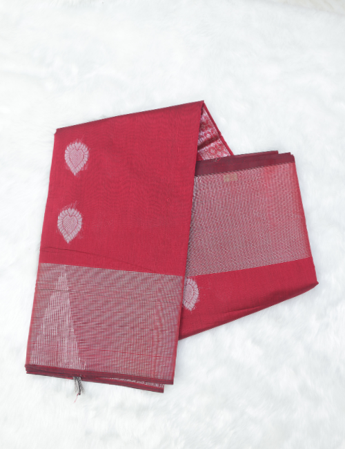 Silk Cotton Saree – Classic Red with Silver Zari Butta & Rich Pallu
