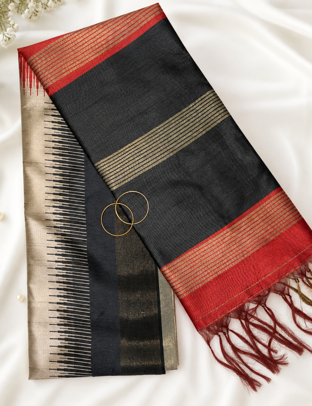 Tussar Silk Saree Black with Red Zari Border