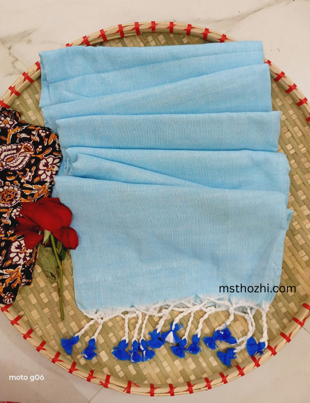 Blue Khadi Cotton Saree with Printed Blouse