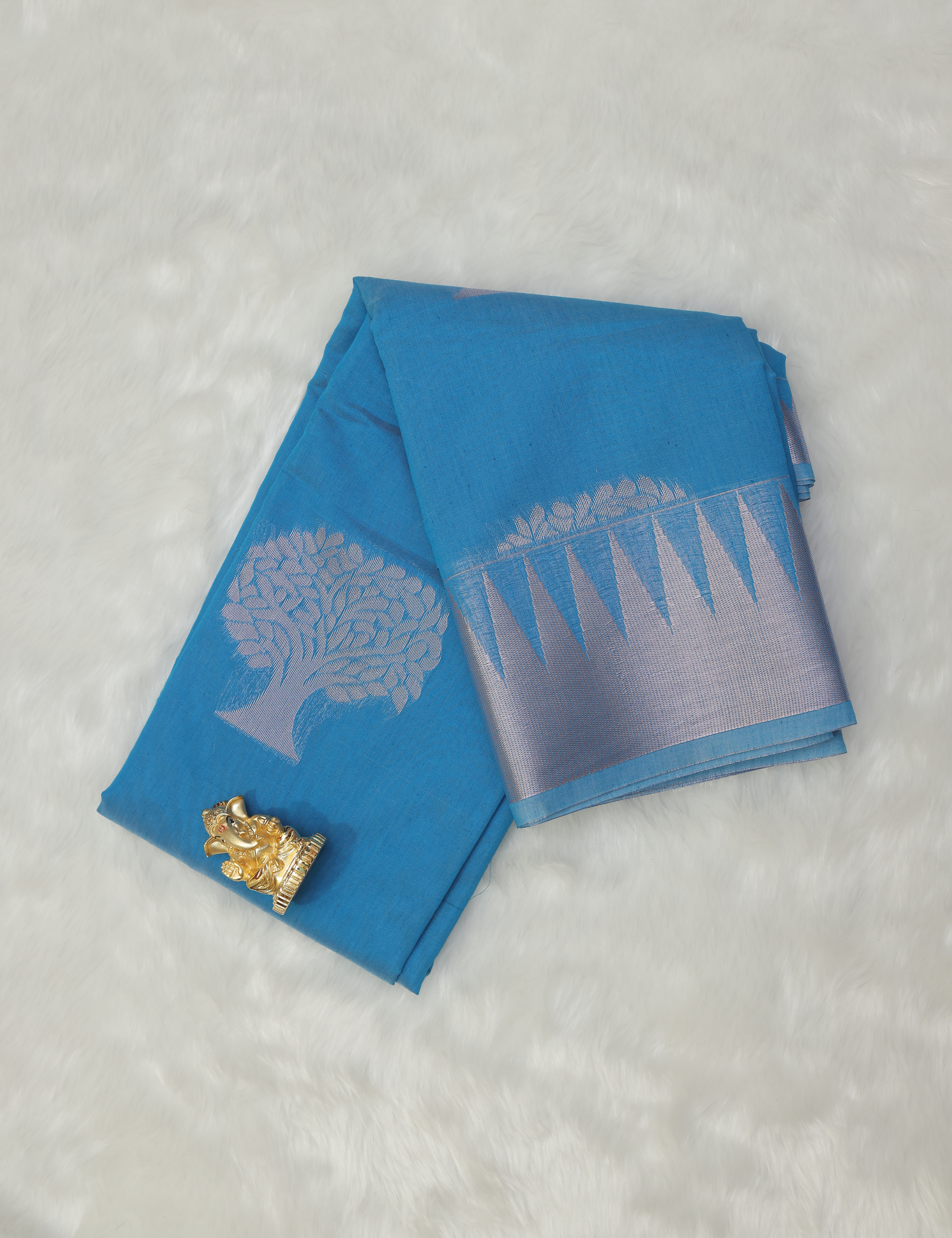 Sky Blue Silk Cotton Saree with Silver Zari Tree Butta and Contrast Pink Pallu