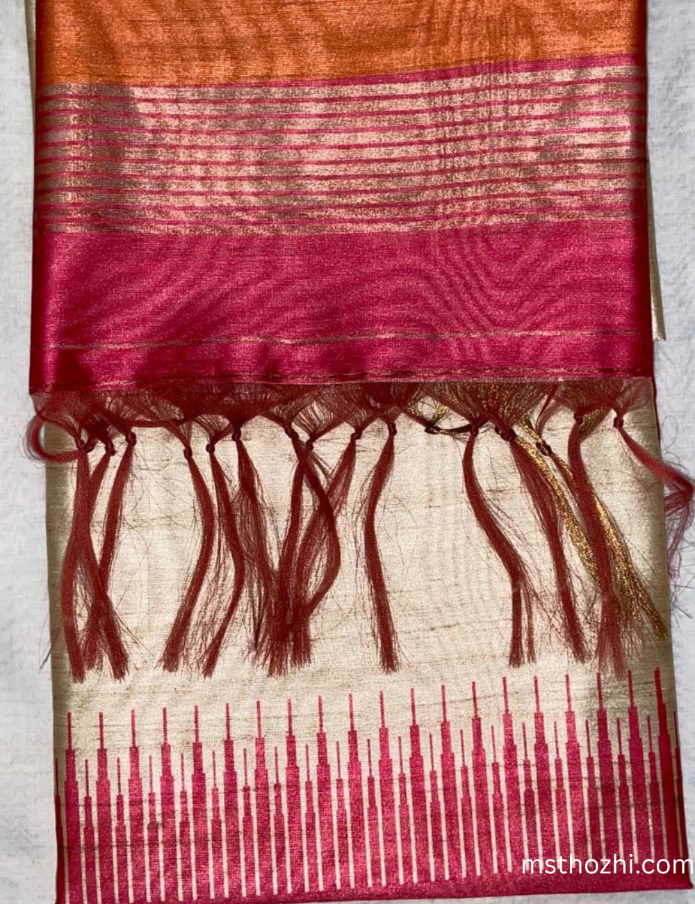 Premium Tussar Silk Orange Body with Pink Border