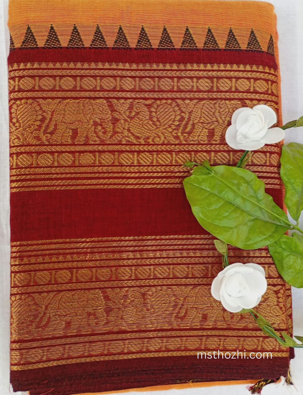 chettinadu /Kanchi cotton orange with maroon  sarees