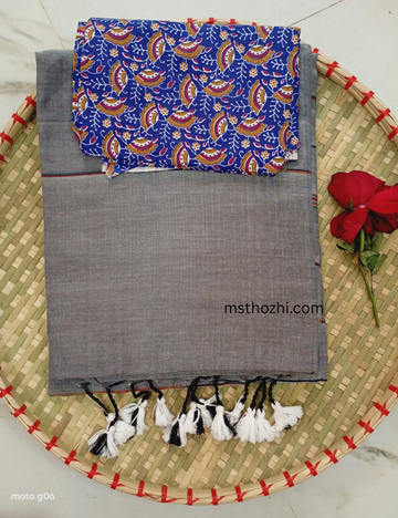 Khadi Cotton Saree with Blouse | Soft Grey Striped Handloom Saree