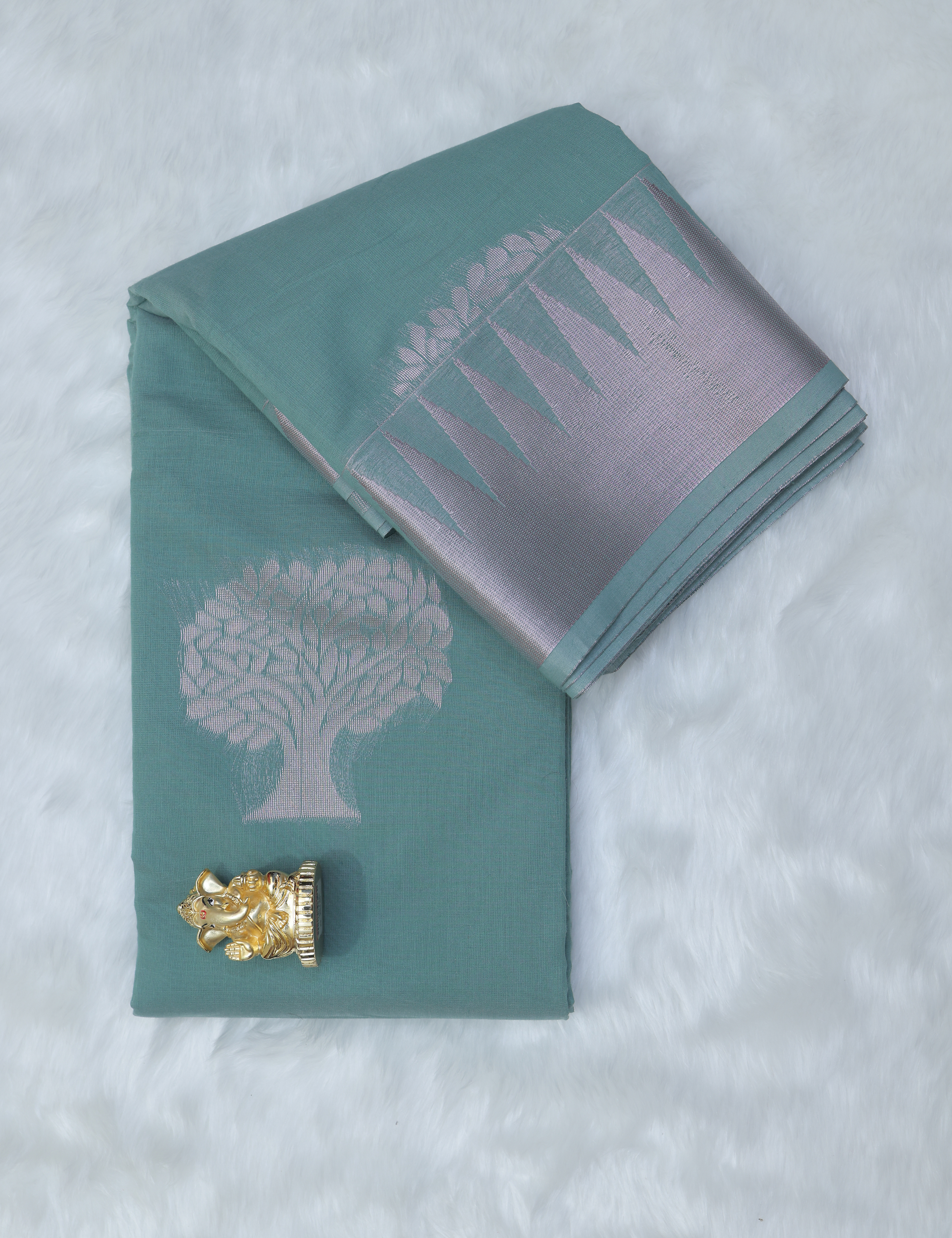 Silk Cotton Saree – Pastel Green & Pink with Silver Zari Tree Motif