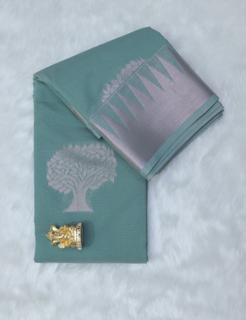 Silk Cotton Saree – Pastel Green & Pink with Silver Zari Tree Motif