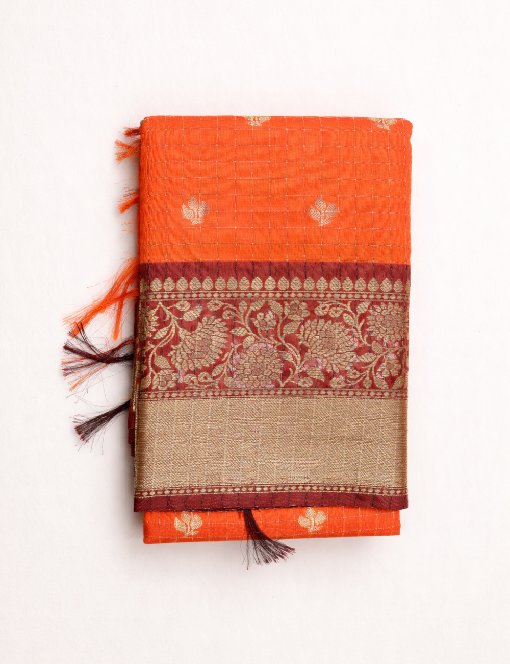 Banarasi Checked Silk Saree – Rust Orange with Stripe & Floral Dual Pattern