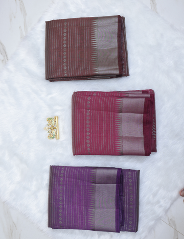 Tussar Silk Saree Collection – Coffee Brown, Rose Pink & Royal Purple with Silver Zari