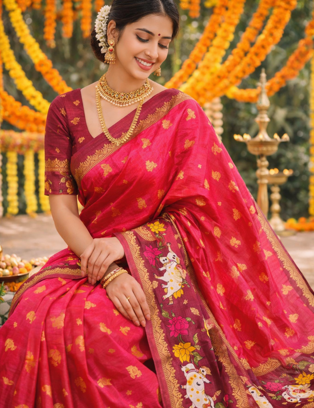 Man Pasand Buti Dola Silk Saree – Orange &amp; Pink Collection with Pichwai Elegance