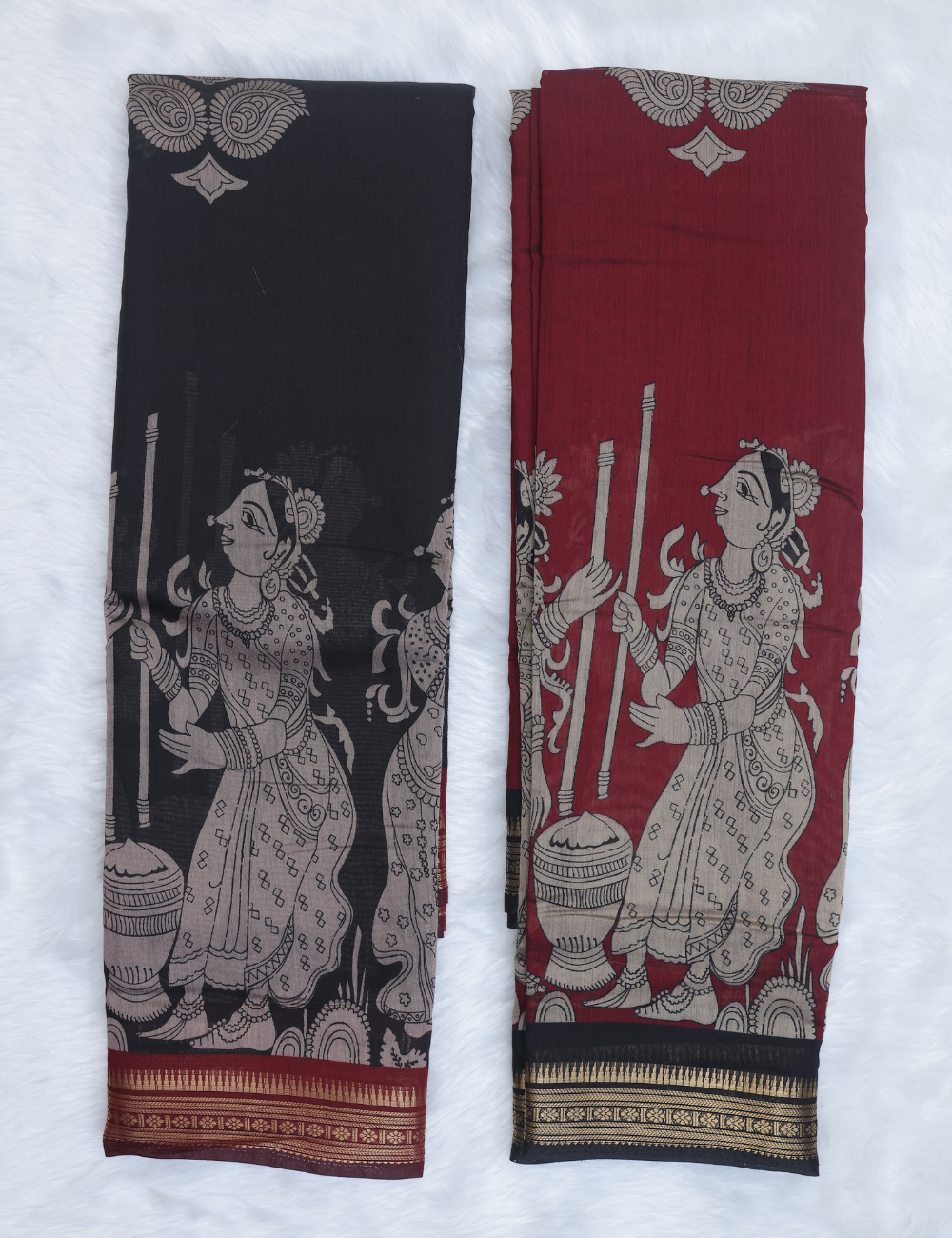 Maroon &amp; Black Pen Kalamkari Pattern Chennur Silk Saree
