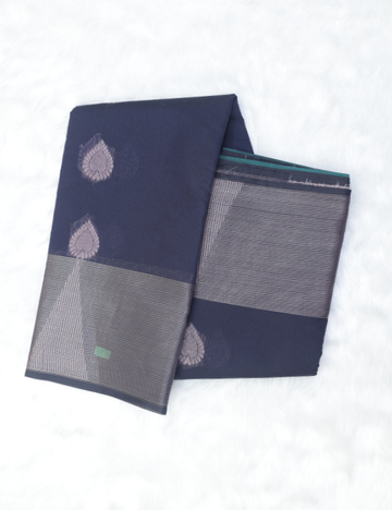 Silk Cotton Saree – Navy Blue with Silver Zari Butta & Contrast Teal Pallu