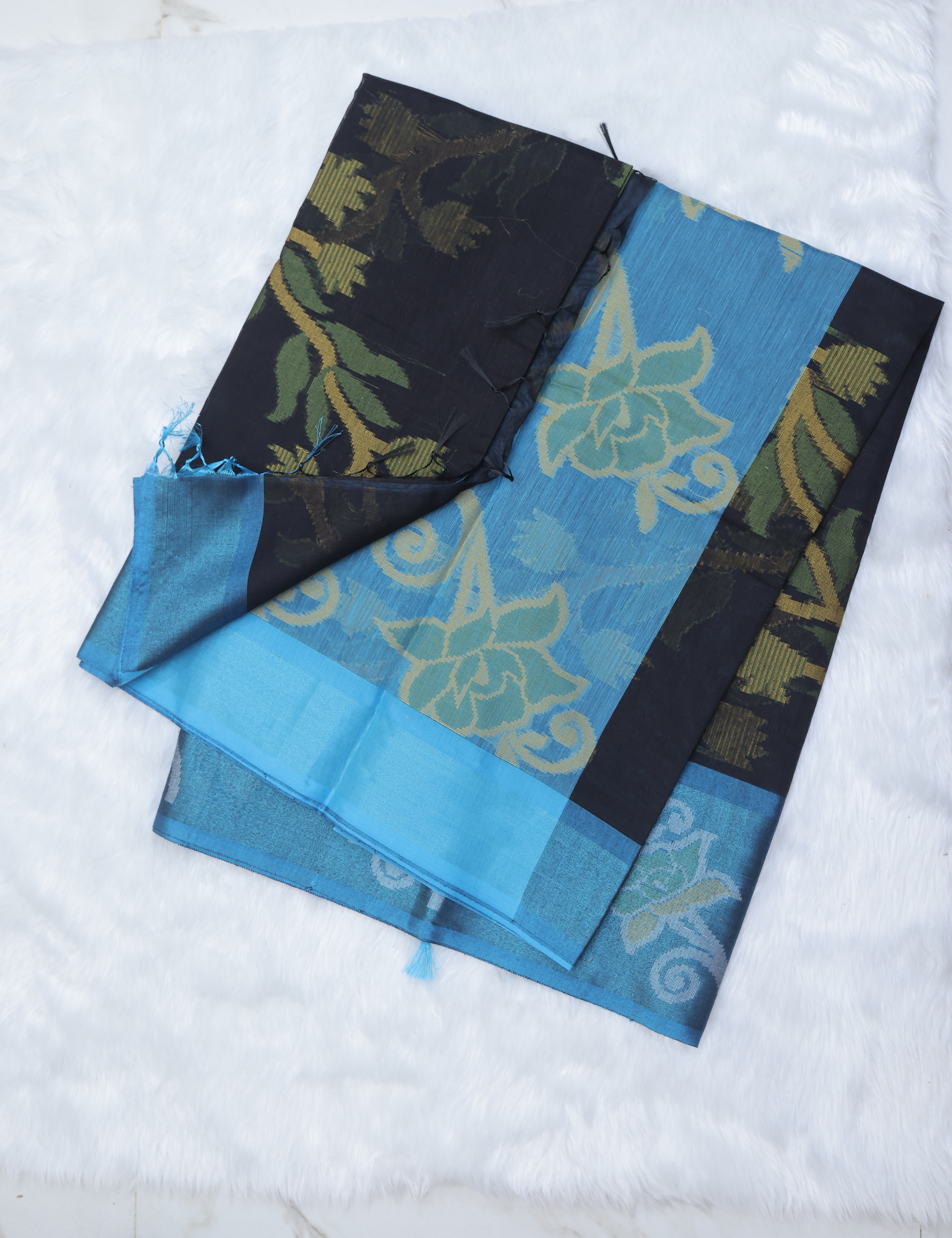 Chanderi Pochampally Silk Cotton Saree – Black &amp; Blue Elegance