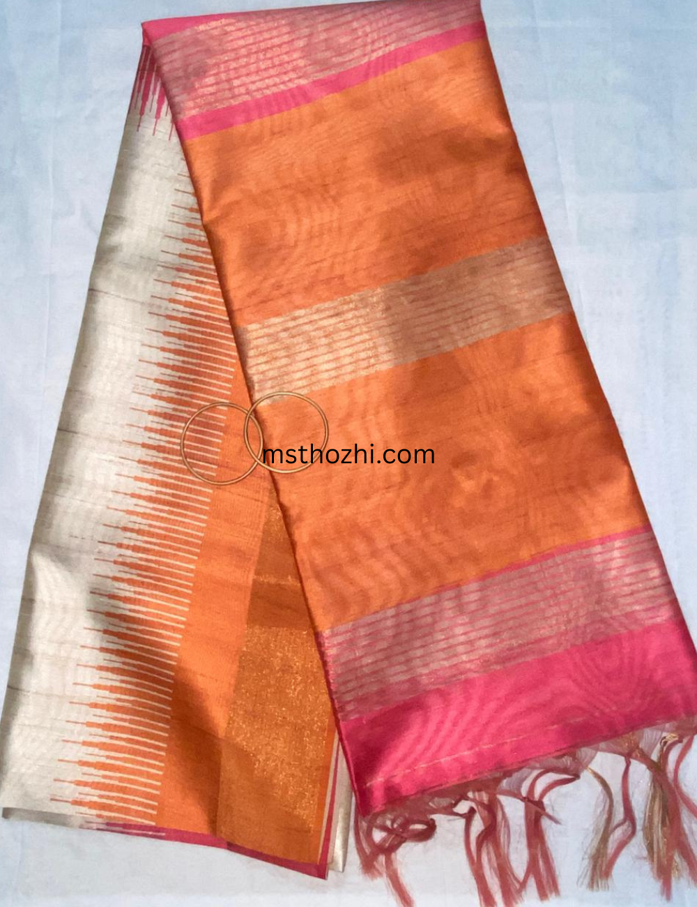 Premium Tussar Silk Orange Body with Pink Border