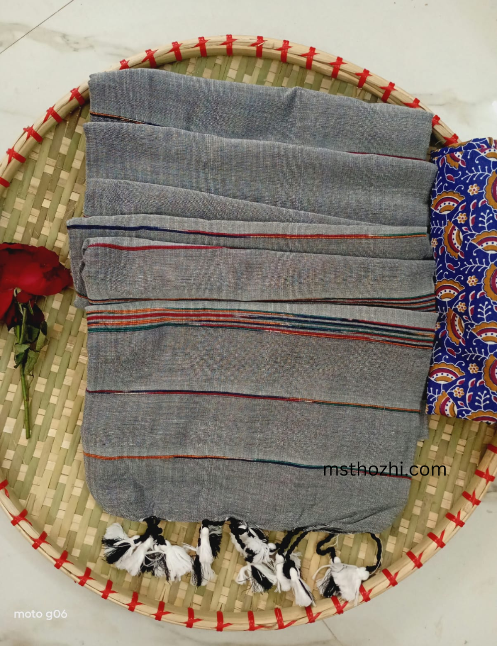 Khadi Cotton Saree with Blouse | Soft Grey Striped Handloom Saree