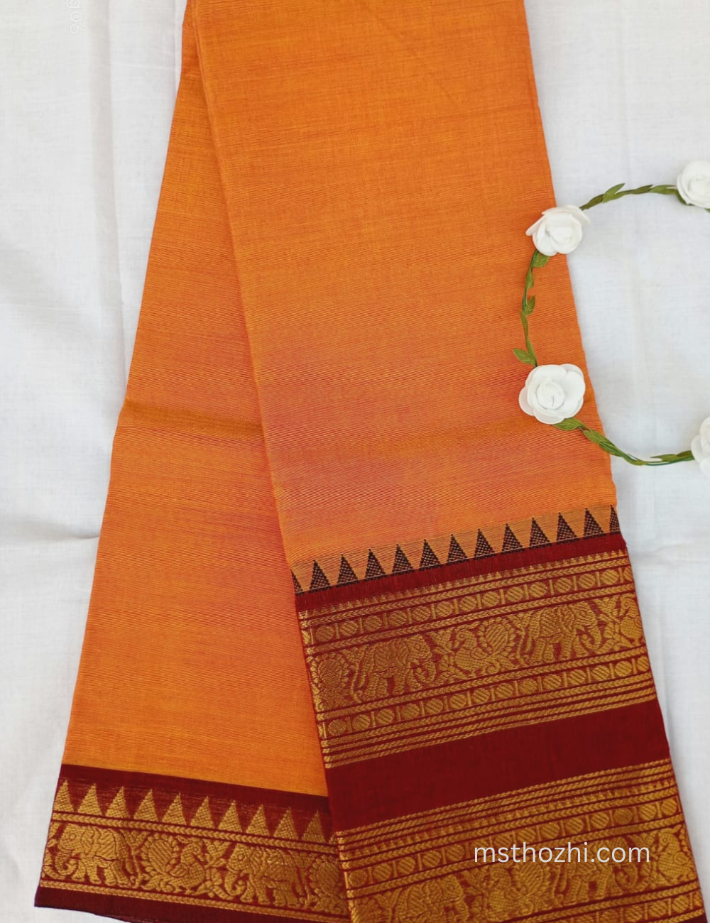chettinadu /Kanchi cotton orange with maroon  sarees