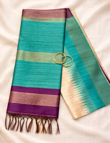 Teal Blue Tussar Silk Saree with Purple Border &amp; Blouse
