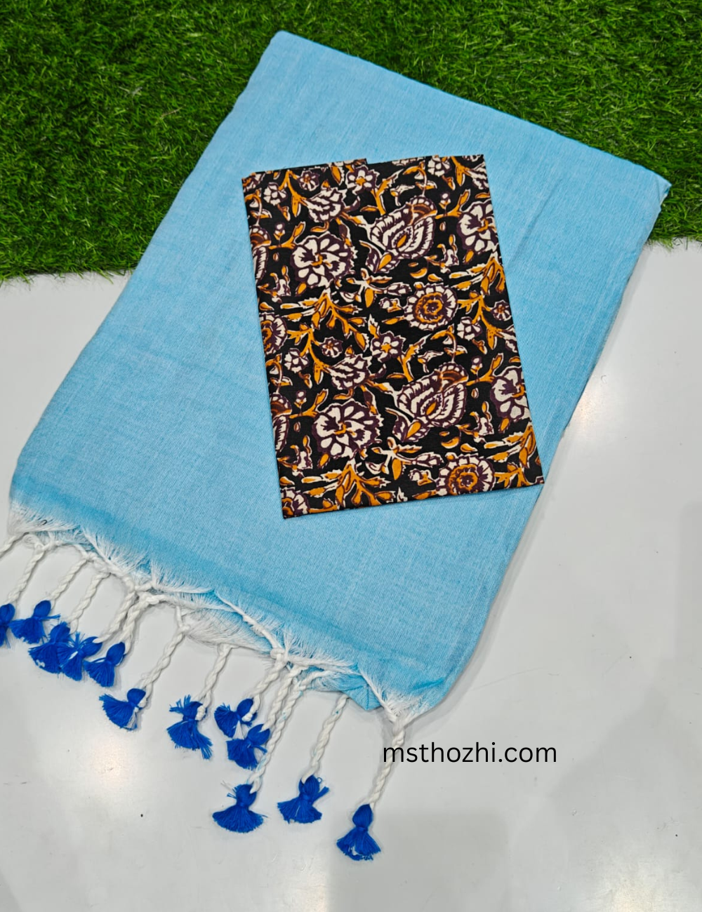 Blue Khadi Cotton Saree with Printed Blouse