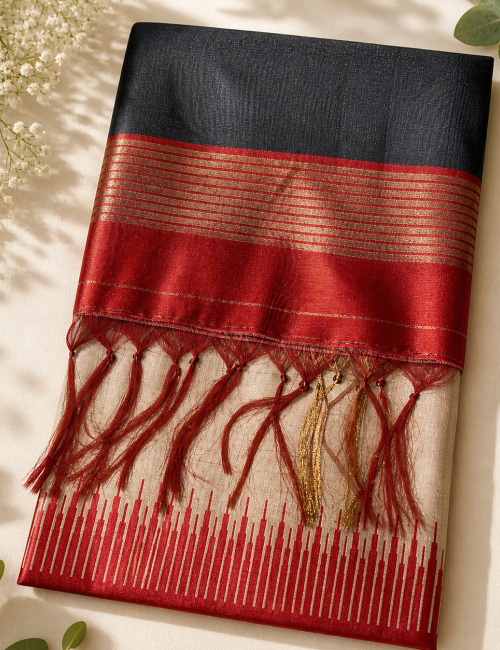 Tussar Silk Saree Black with Red Zari Border