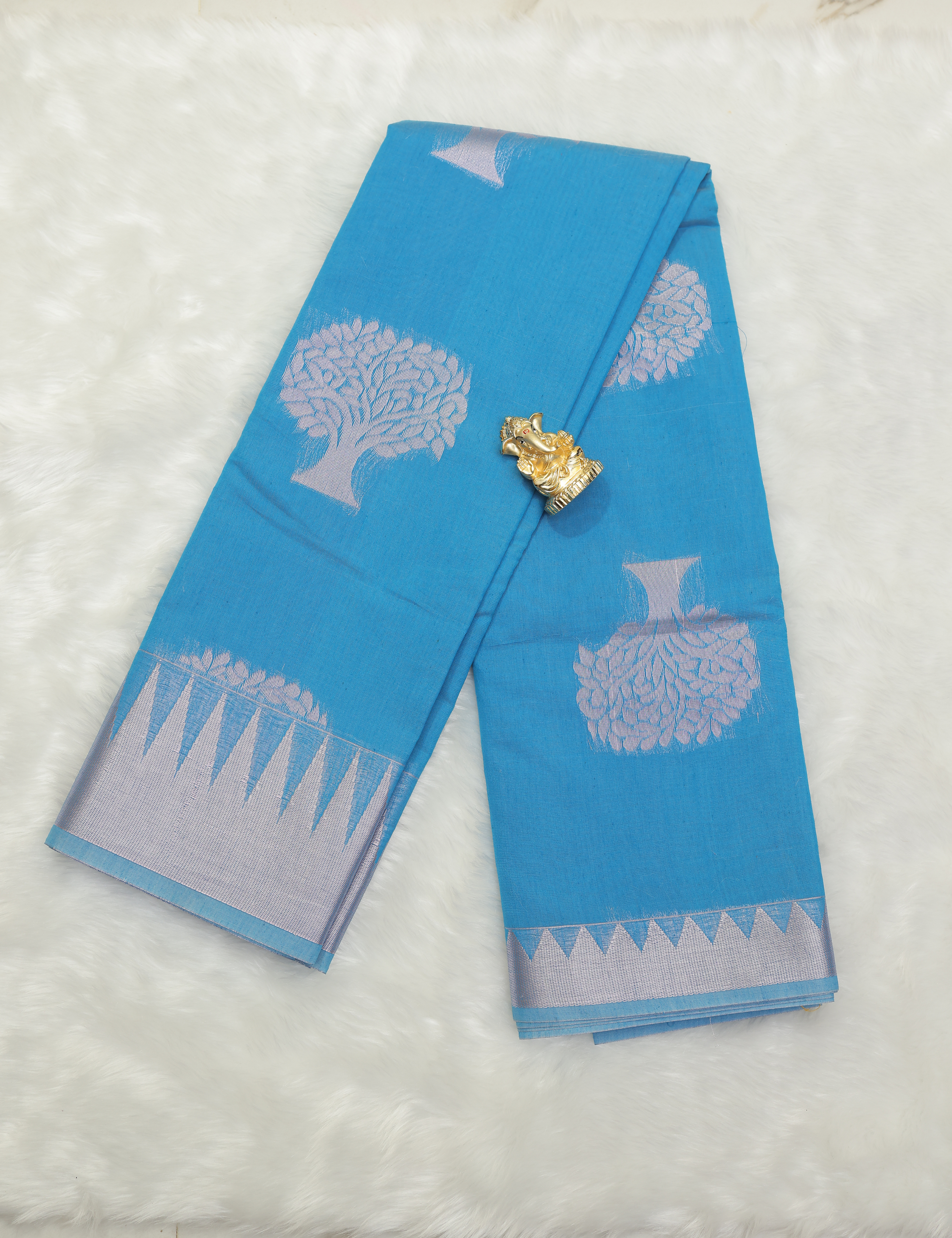 Sky Blue Silk Cotton Saree with Silver Zari Tree Butta and Contrast Pink Pallu