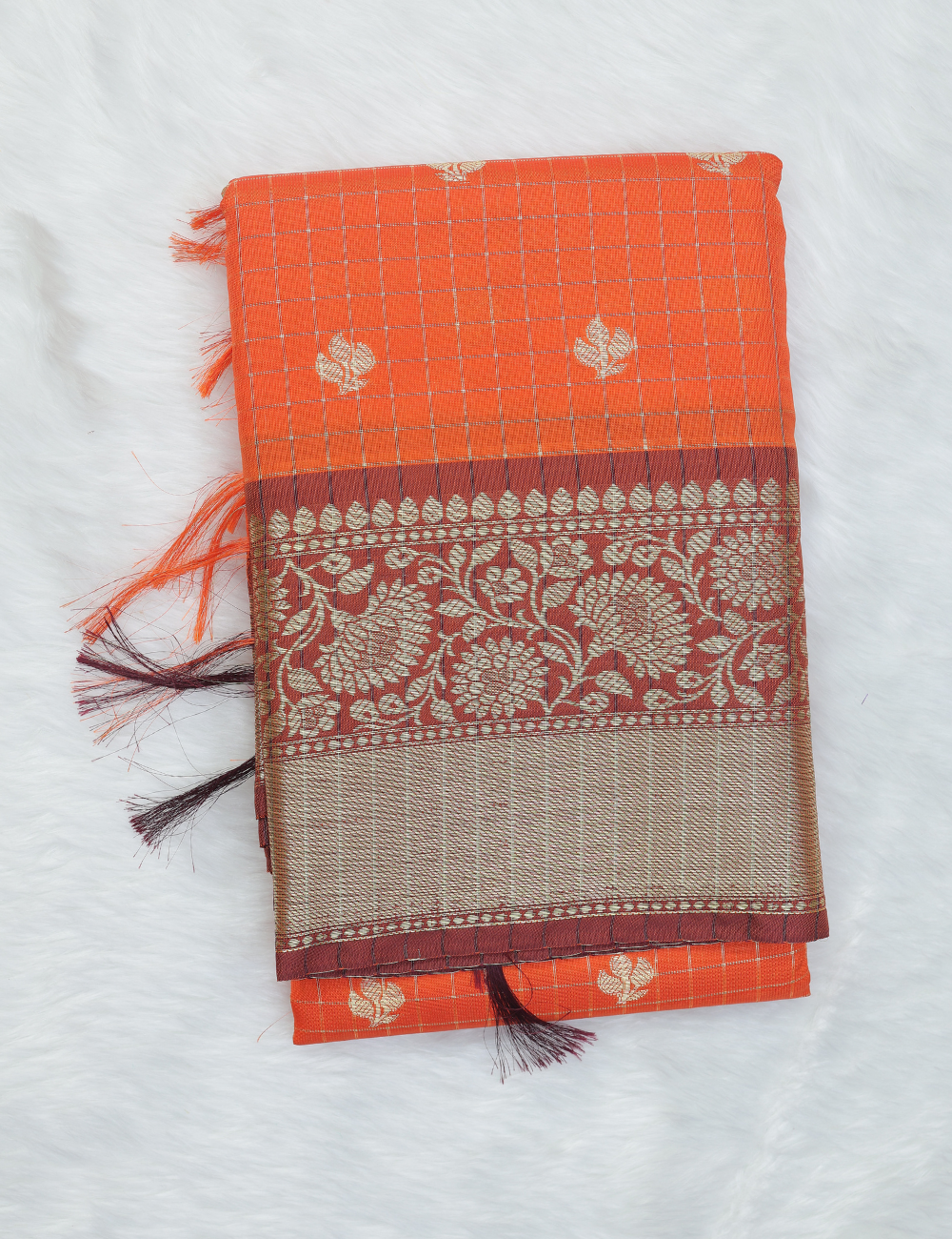 Banarasi Checked Silk Saree – Rust Orange with Stripe & Floral Dual Pattern