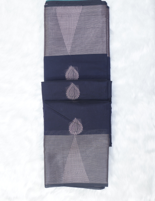 Silk Cotton Saree – Navy Blue with Silver Zari Butta & Contrast Teal Pallu