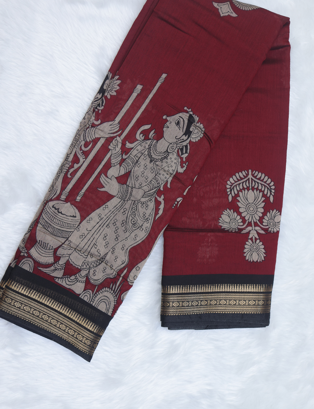 Maroon &amp; Black Pen Kalamkari Pattern Chennur Silk Saree