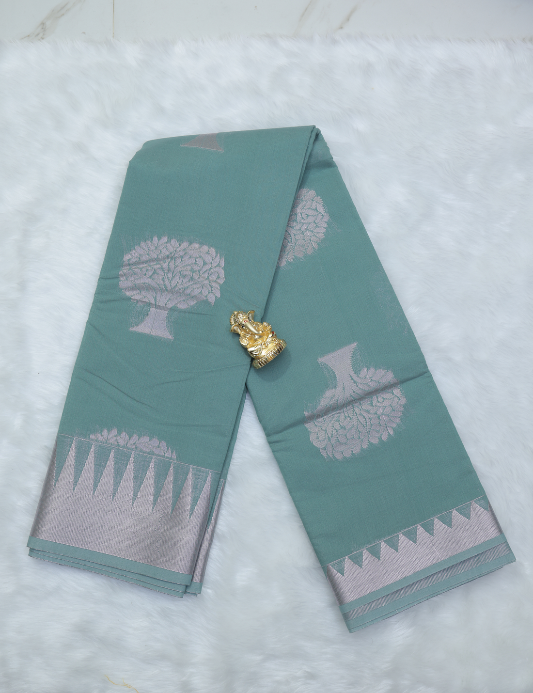 Silk Cotton Saree – Pastel Green & Pink with Silver Zari Tree Motif