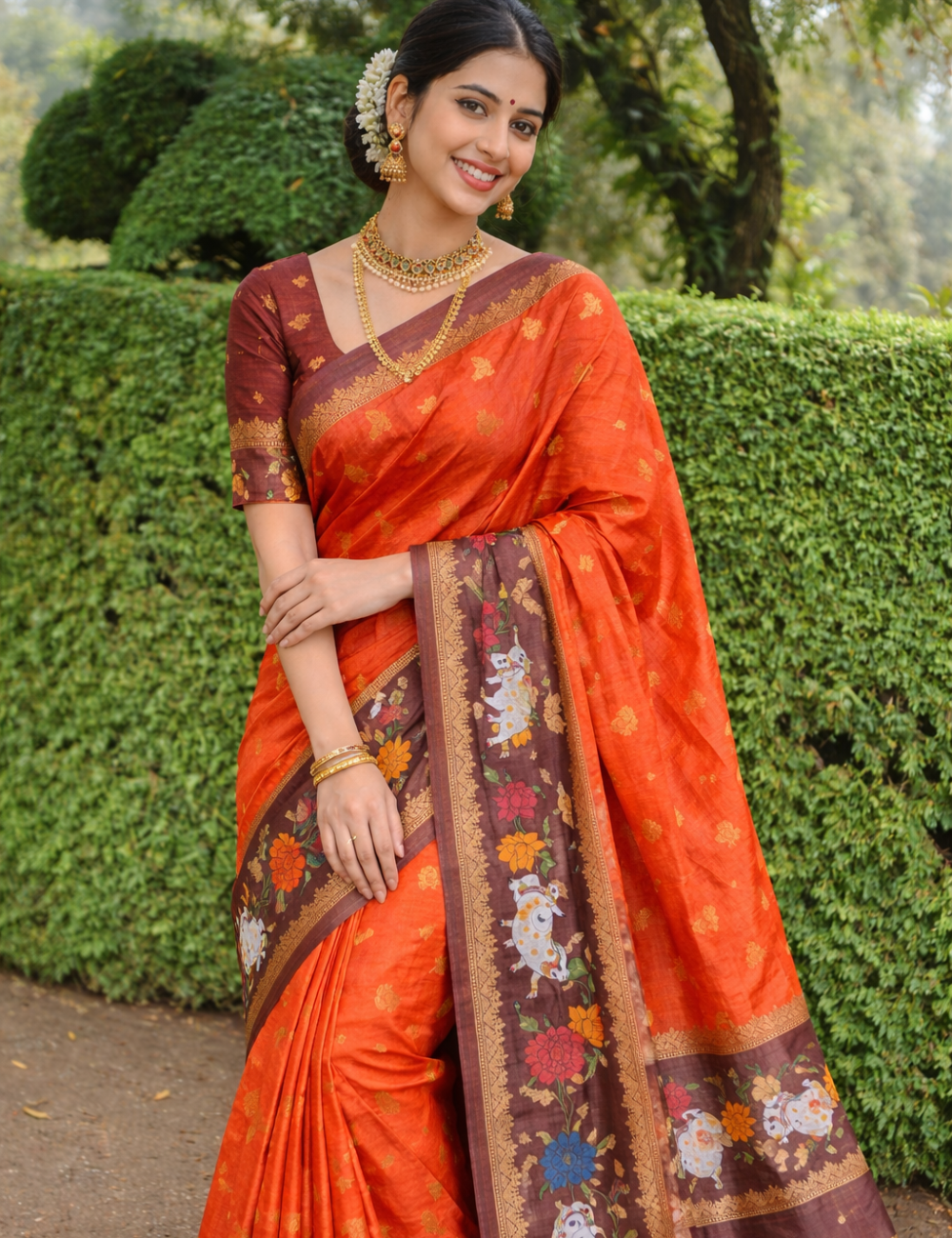 Man Pasand Buti Dola Silk Saree – Orange &amp; Pink Collection with Pichwai Elegance