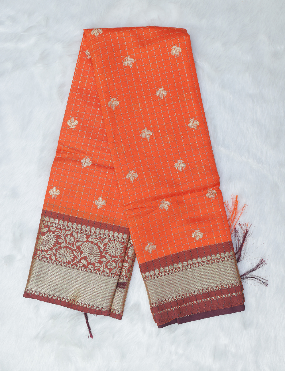Banarasi Checked Silk Saree – Rust Orange with Stripe & Floral Dual Pattern