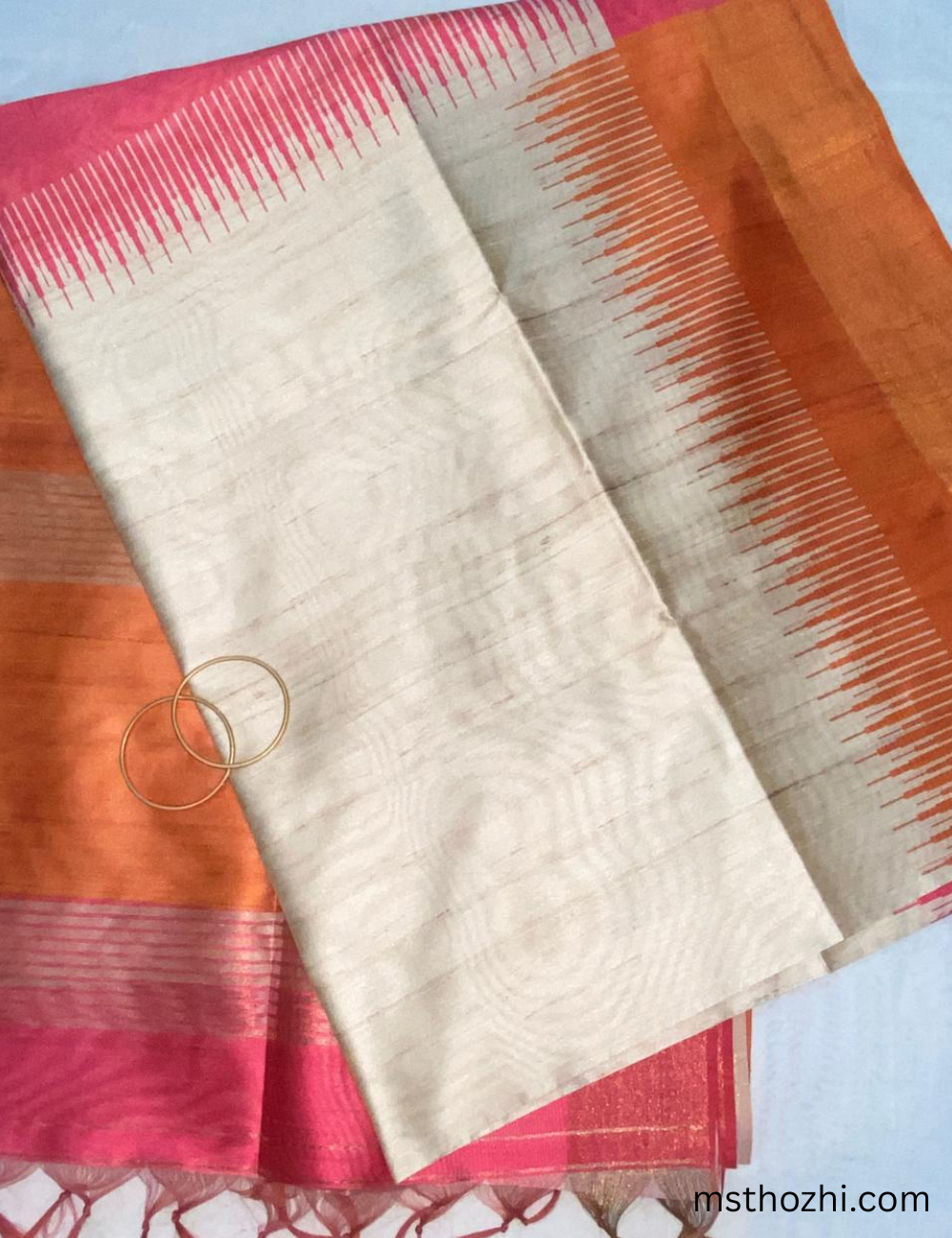 Premium Tussar Silk Orange Body with Pink Border