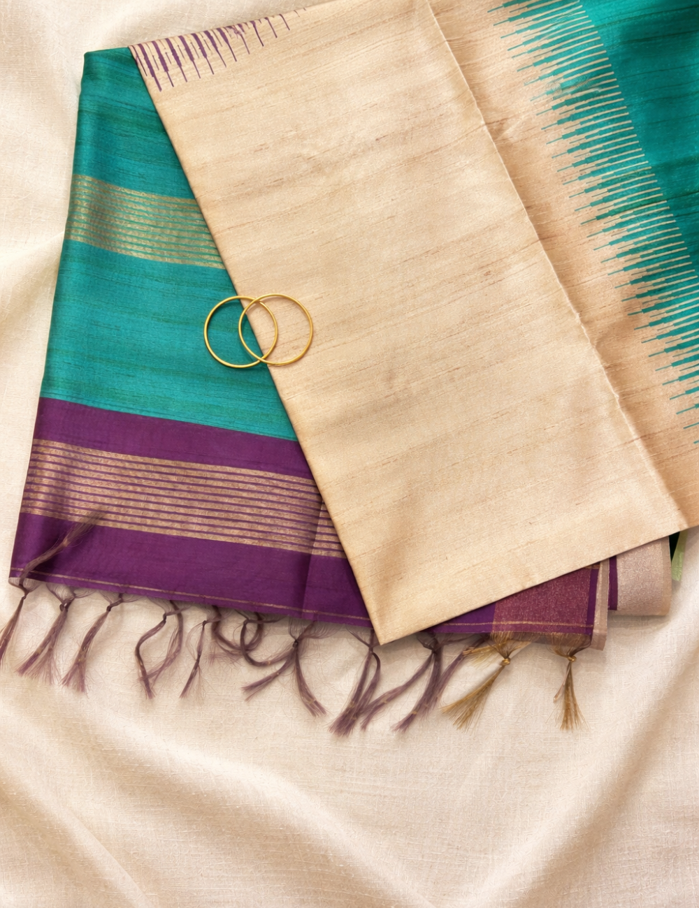 Teal Blue Tussar Silk Saree with Purple Border &amp; Blouse