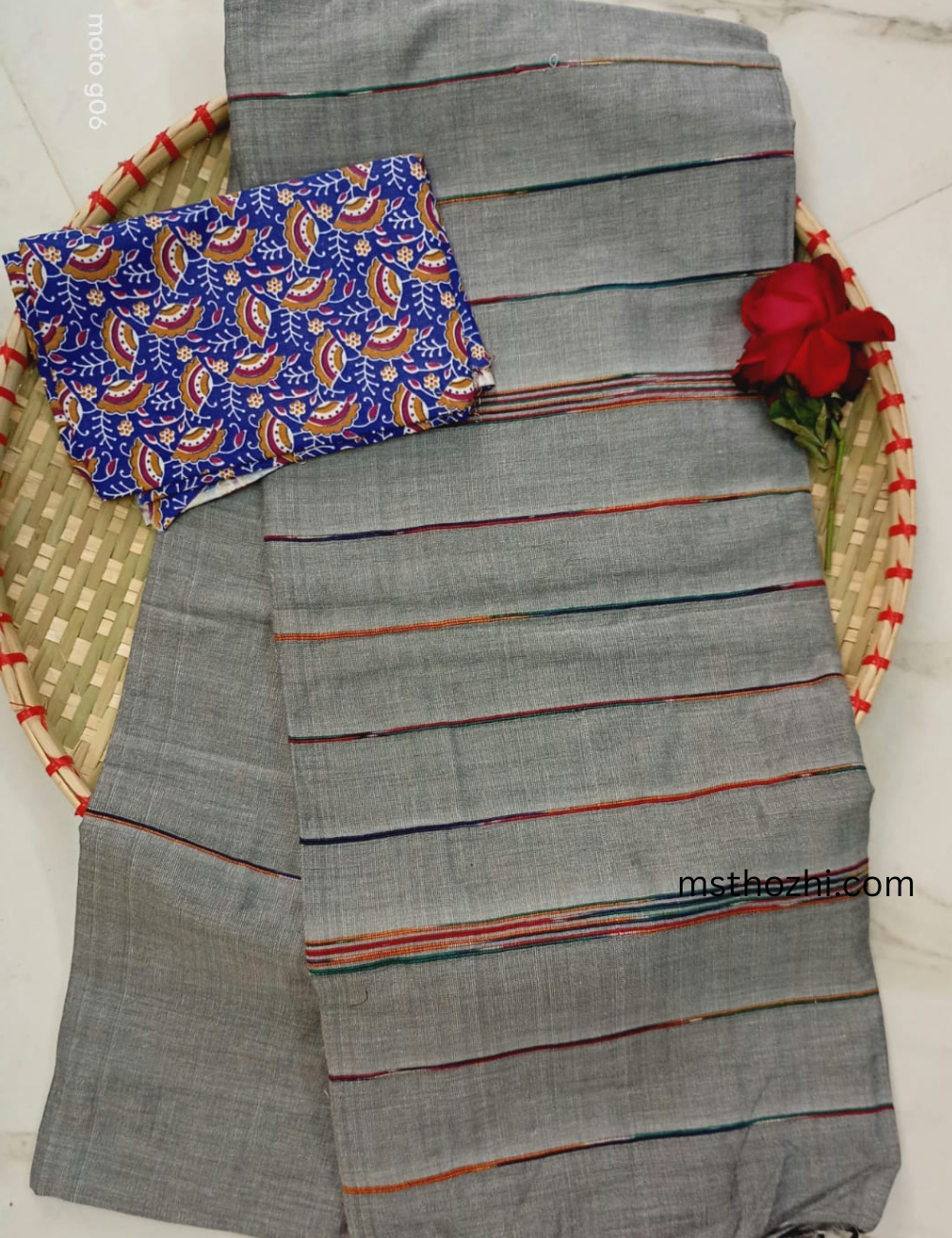 Khadi Cotton Saree with Blouse | Soft Grey Striped Handloom Saree