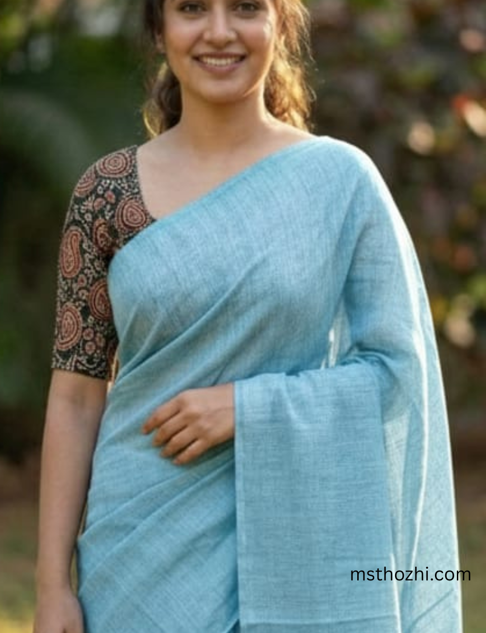 Blue Khadi Cotton Saree with Printed Blouse