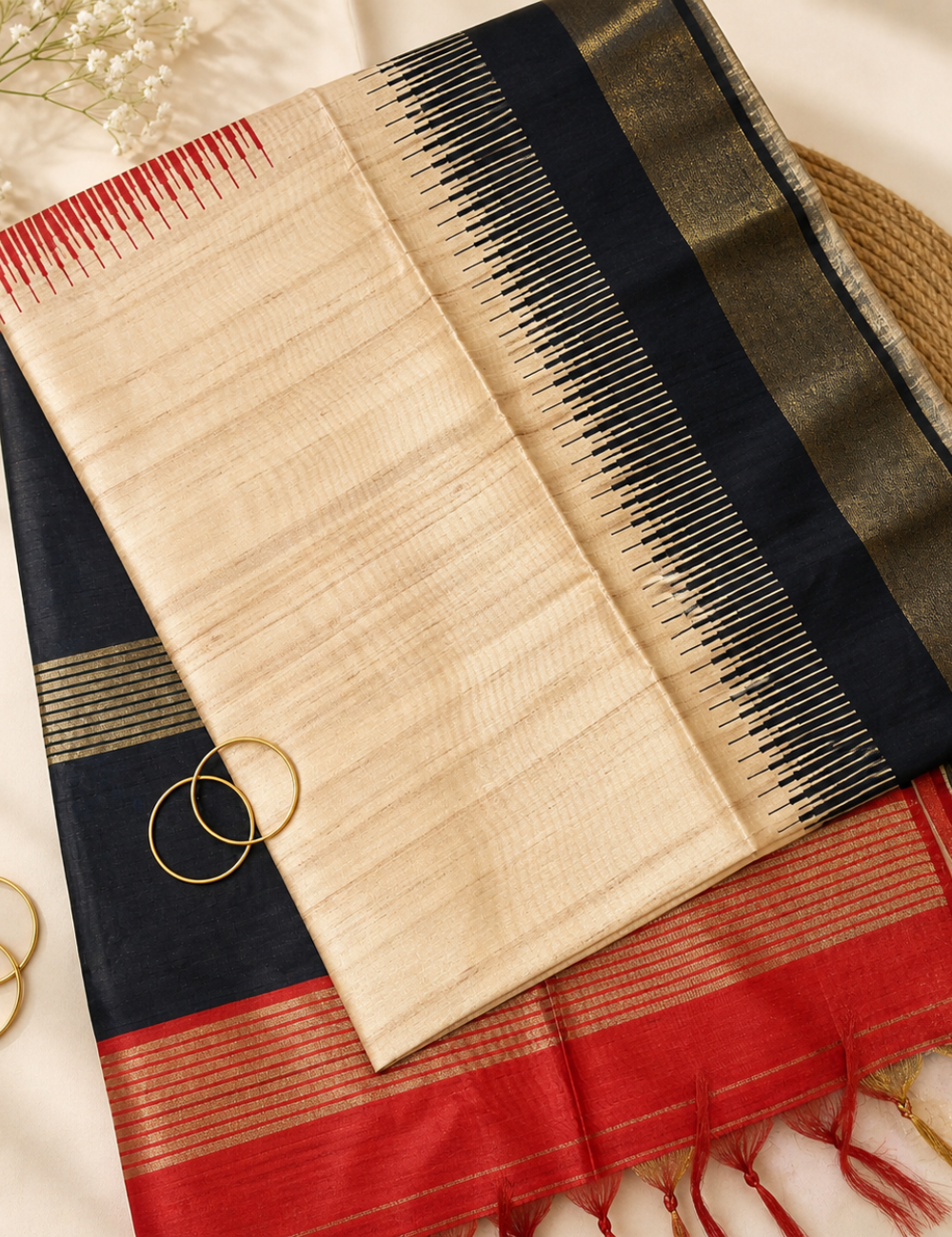 Tussar Silk Saree Black with Red Zari Border