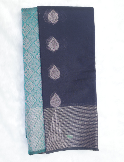 Silk Cotton Saree – Navy Blue with Silver Zari Butta & Contrast Teal Pallu