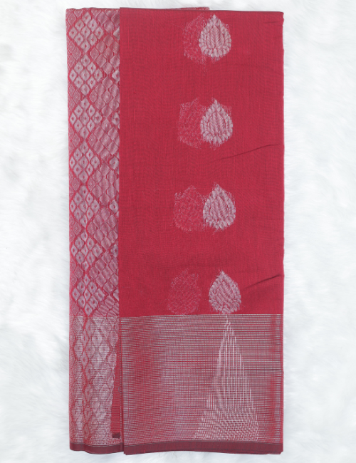 Silk Cotton Saree – Classic Red with Silver Zari Butta & Rich Pallu
