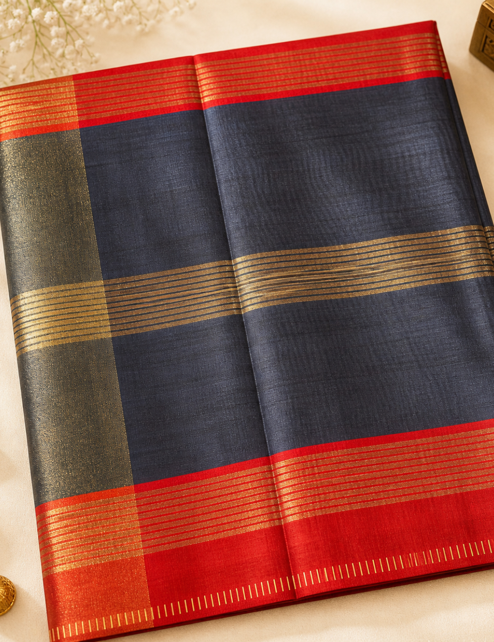 Tussar Silk Saree Black with Red Zari Border